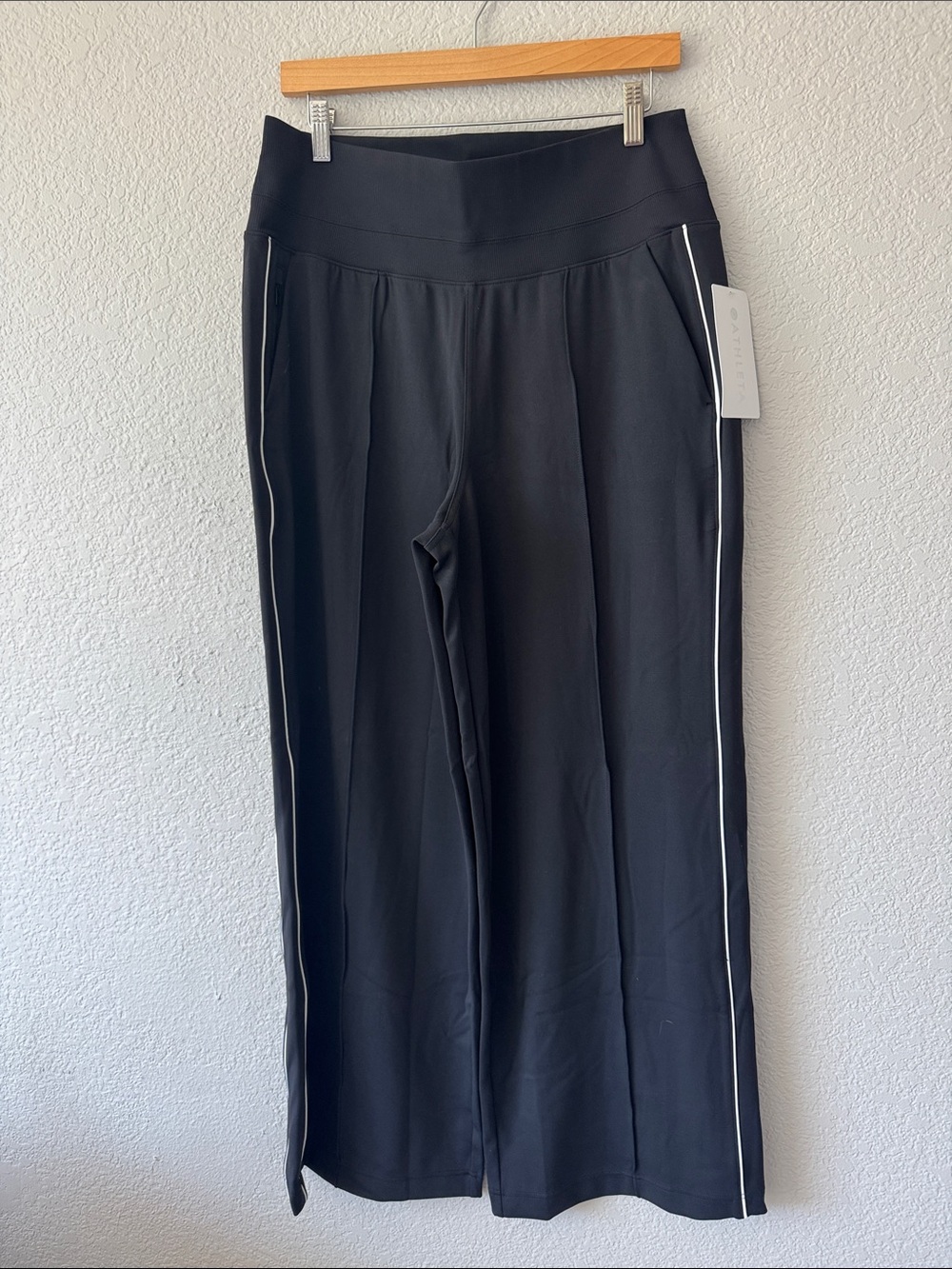 Athleta Black Wide-Leg Pants with White Side Piping